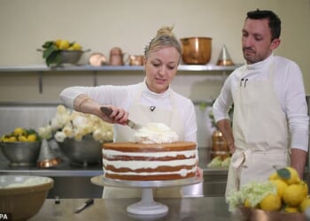 Claire Ptak with the Sussexes' wedding cake. The baker has made a public appeal for financial support