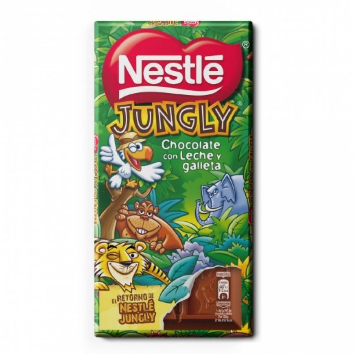 Nestle Jungly chocolate bar with a jungle illustration featuring cartoon animals like a bird, elephant, monkey, and tiger.