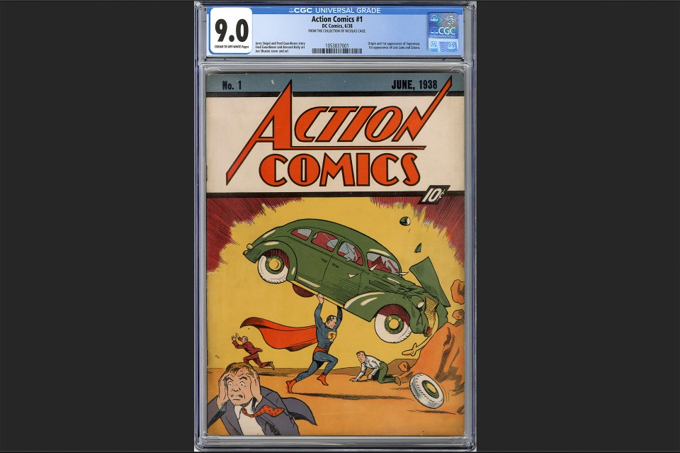 Illustration of the Action Comics #1 cover featuring Superman lifting a green car.