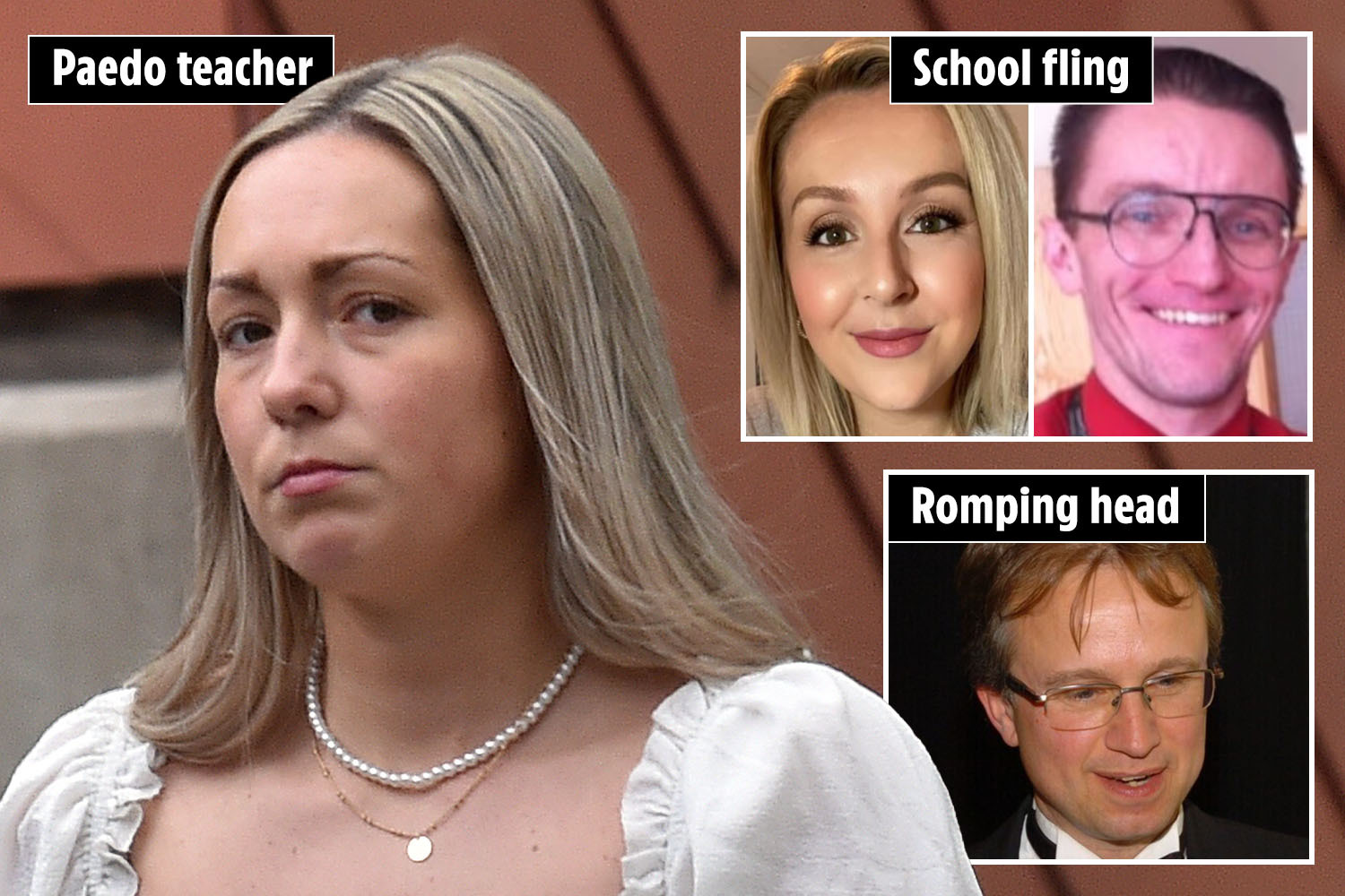Collage of four images related to teachers, including a woman labeled "Paedo teacher," a man and woman labeled "School fling," and a man labeled "Romping head."