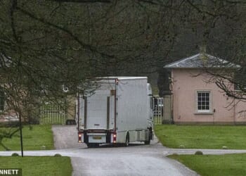 A removal van arrives at Royal Lodge in Windsor this morning before Andrew moves out