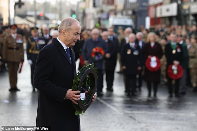 Irish Taoiseach Micheal Martin lays a wreath at a Remembrance Sunday service in Enniskillen on 9th November 2025