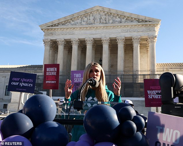 A hearing was held on Tuesday that involved two cases brought by transgender athletes challenging laws in their home states that ban them from competing in women's sports events. Gaines is seen speaking to a crowd on the courthouse steps