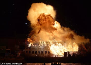 A colossal fireball engulfed a warehouse near the River Thames on Sunday night, as director Guy Ritchiepulled off a huge stunt for the new series of MobLand