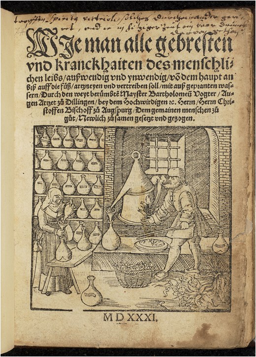 Illustration of a man and woman making medical recipes in early modern Germany, with text above.