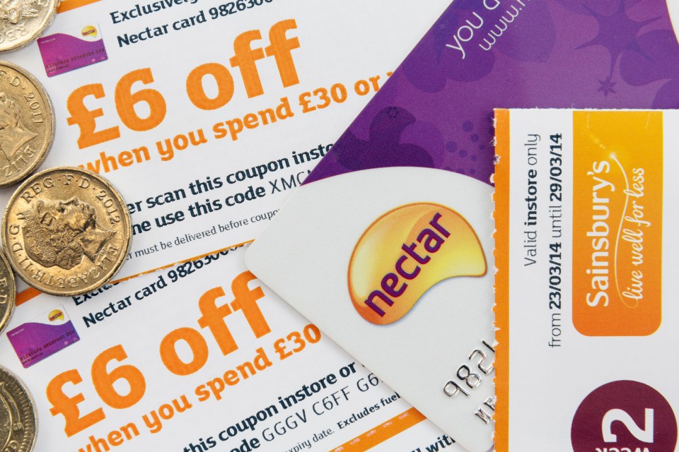 Nectar card and pound coins with ¿6 money off coupons to save when spending in a Sainsbury's supermarket store.Value for money. England UK Britain