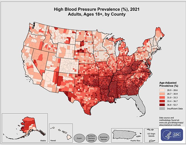The above shows the prevalence of high blood pressure in the US by county for the year 2021, the latest for which nationwide data is available