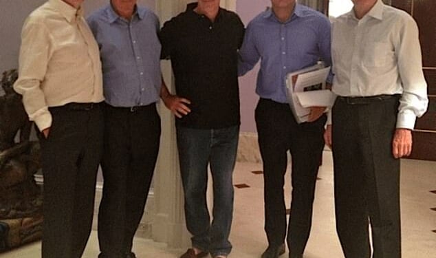 Bill Gates, former treasury secretary Larry Summers, Jeffrey Epstein, adviser Boris Nikolic and another man in a photo released today