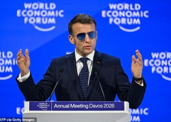 France's President Emmanuel Macron gestures as he delivers a speech during the World Economic Forum (WEF) annual meeting in Davos on January 20, 2026