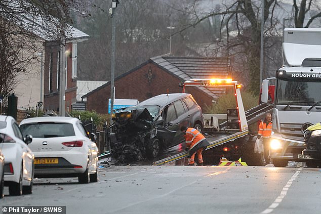 Images from the scene of Sunday's crash show the mangled bonnet and engine of the Citroen Picasso as it was loaded onto a recovery truck