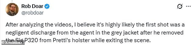 Videos do not clearly show who fired the first shot, but gun expert Rob Dobar has said he suspects agents opened fire after Pretti's Sig Sauer P320 went off