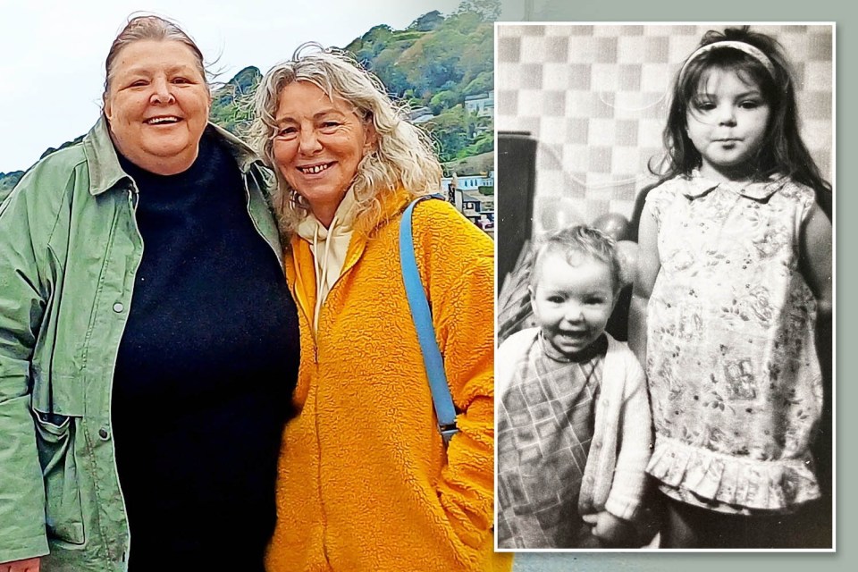Collage of two adult women smiling, and a black and white photo of them as young children.