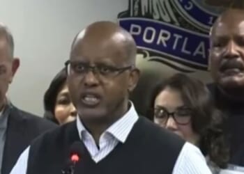 Oregon Democratic state Sen. Kayse Jama spoke at a podium in Portland on Jan. 8, 2026, where he, in broken English, condemned ICE and told them to get out of the city.