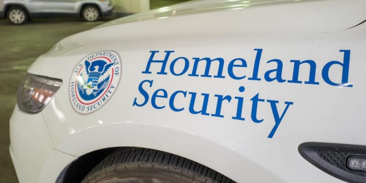 Close-up logo of the Department of Homeland Security on a car in San Francisco on Feb. 25, 2019.