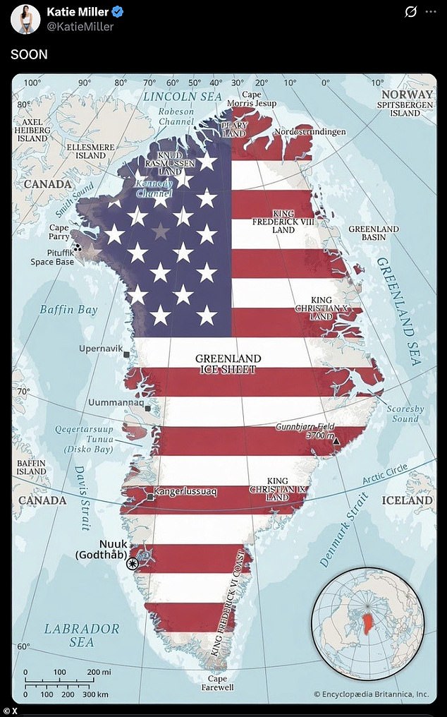 Katie Miller, the wife of President Donald Trump's Deputy Chief of Staff, Steven Miller, posted a map of Greenland covered by the American flag to X just hours after the US struck Venezuela and captured its president, Nicolás Maduro