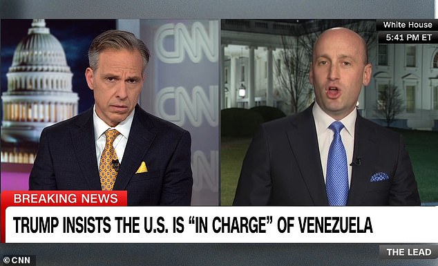 Stephen Miller, right, flatly declared that Greenland 'should be part of the United States' - and insisted that no country would dare fight Washington over the Arctic territory's future