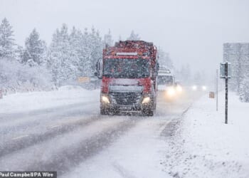 Traffic on the A9 in the Highlands in heavy snowfall on Wednesday as severe weather caused disruption