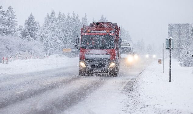 Traffic on the A9 in the Highlands in heavy snowfall on Wednesday as severe weather caused disruption