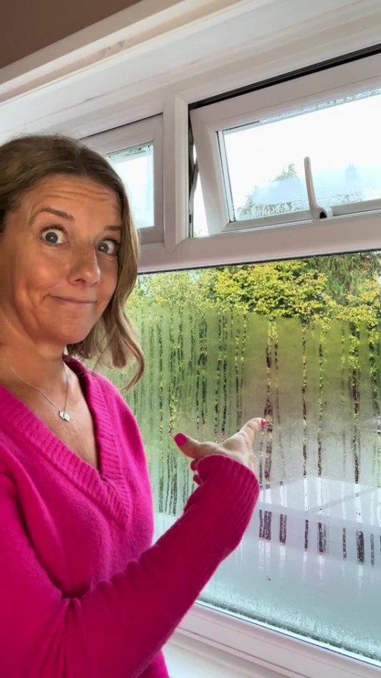 Woman in a pink sweater pointing to condensation on a window.