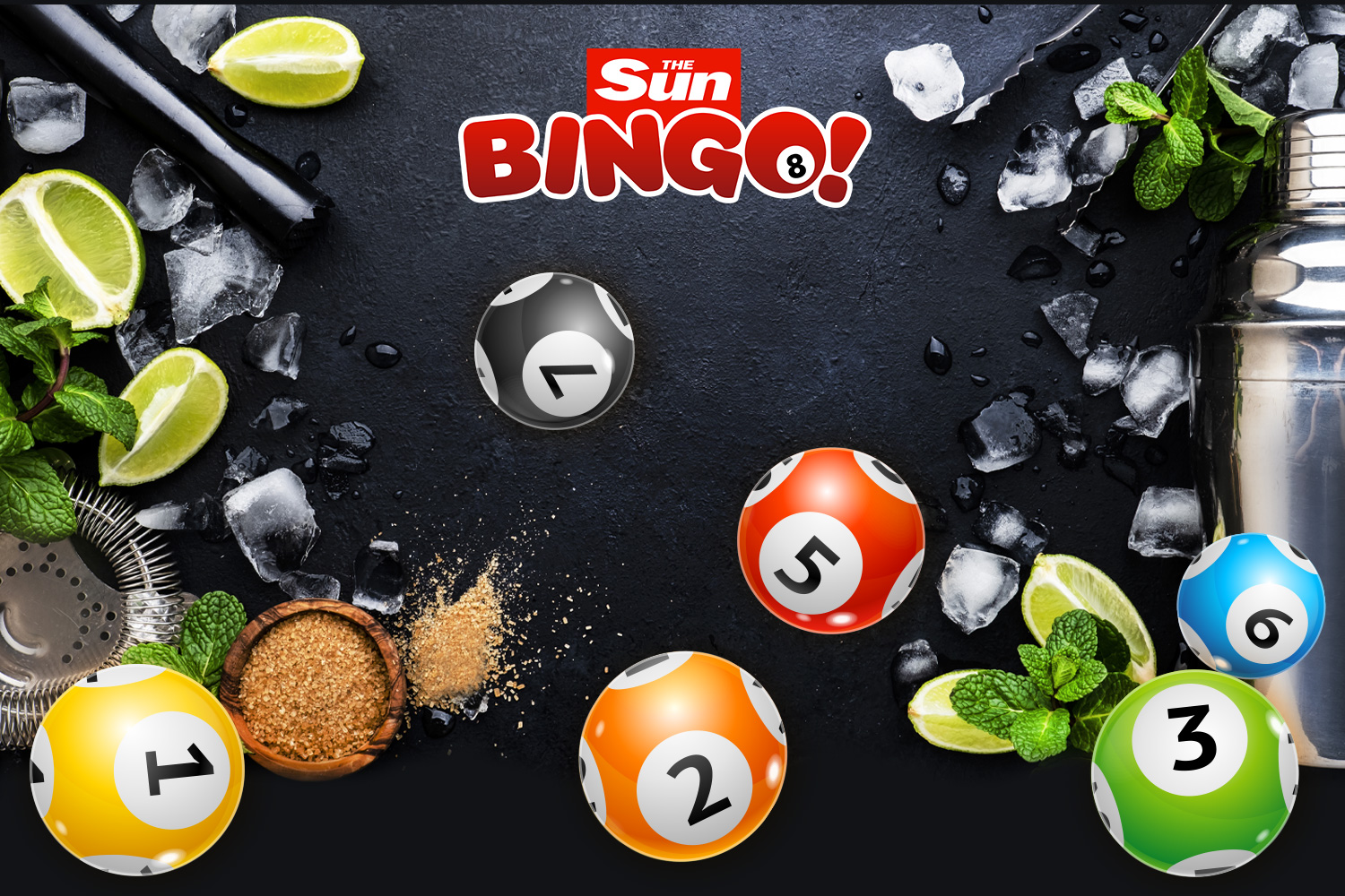 Bingo balls and cocktail ingredients arranged on a dark surface.