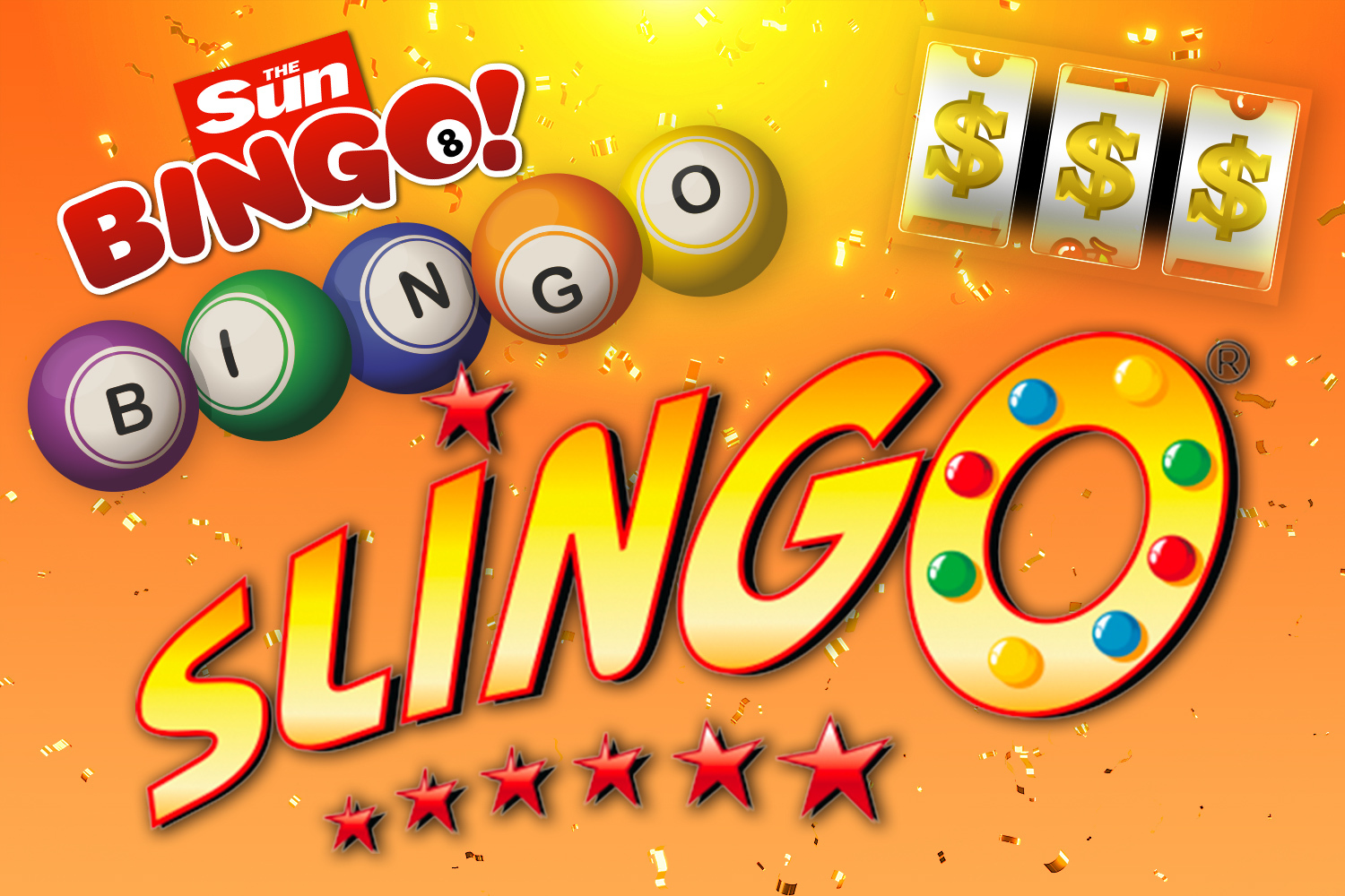Illustration of "The Sun Bingo!" and "SLINGO" logos with bingo balls, slot machine symbols, and falling confetti.