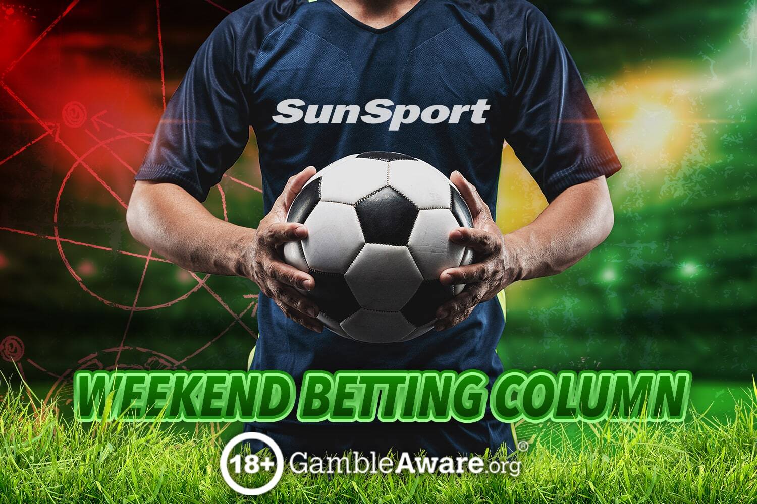 Illustration of a person in a SunSport jersey holding a soccer ball with text "WEEKEND BETTING COLUMN" and "18+ GambleAware.org" at the bottom.