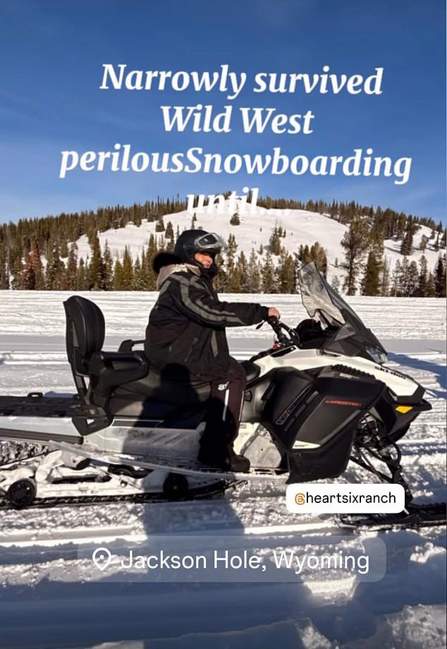 In a social media post, Fielding said she 'narrowly survived Wild West perilous snowboarding' in stunning Jackson Hole, Wyoming