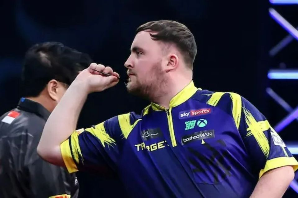 An image collage containing 1 images, Image 1 shows A man in a blue and yellow shirt holds a dart, preparing to throw