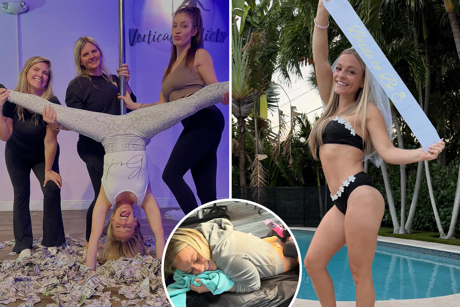 Collage of a woman doing a handstand surrounded by cash, a woman in a bikini holding a "Bride to Be" sash, and a woman lying on her stomach with a tool on her lower back.