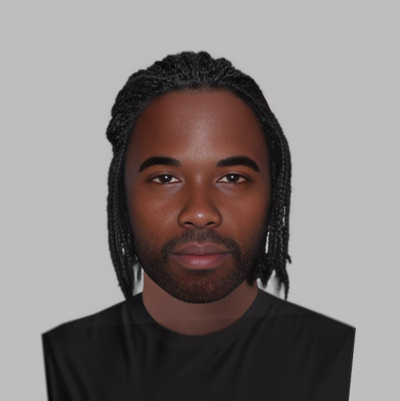 E-fit illustration of a black man with an oval face, neck-length dreadlocks, and a short beard.