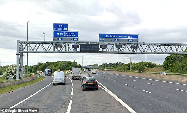 The road was closed for almost two hours while emergency services dealt with the incident at junction 32 where the M6 southbound links to the M55 (pictured)