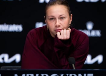 American tennis player Amanda Anisimova speaks at a news conference Saturday at the Australian Open in Melbourne.