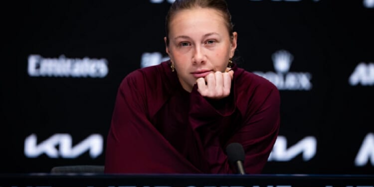 American tennis player Amanda Anisimova speaks at a news conference Saturday at the Australian Open in Melbourne.