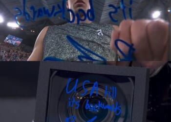 Pictured: The moment Ben Shelton wrote 'USA till its backwards' on a TV camera after winning his latest match at the Australian Open