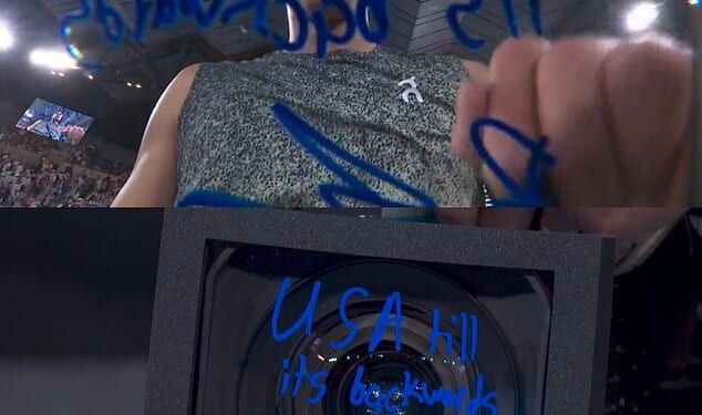 Pictured: The moment Ben Shelton wrote 'USA till its backwards' on a TV camera after winning his latest match at the Australian Open