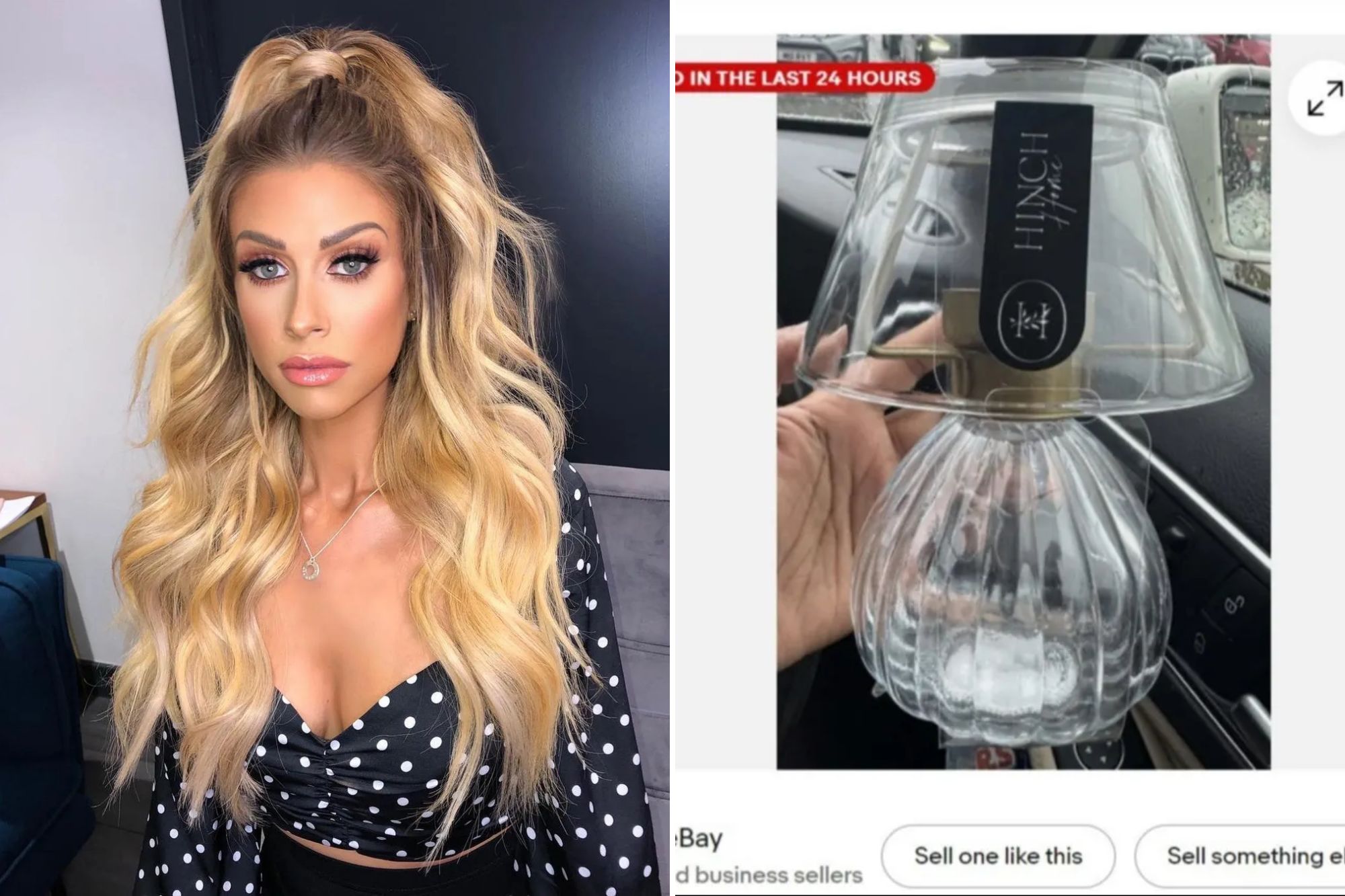 An image collage containing 2 images, Image 1 shows A woman with long blonde hair and a black top looks at the camera, Image 2 shows A person holding a clear glass tealight holder lamp by Mrs. Hinch Home