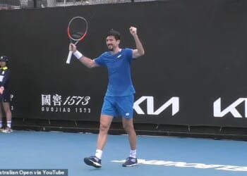 Sebastian Ofner (pictured) appeared to celebrate a premature victory during his Australian Open qualifying match against Nishesh Basavareddy before suffering defeat