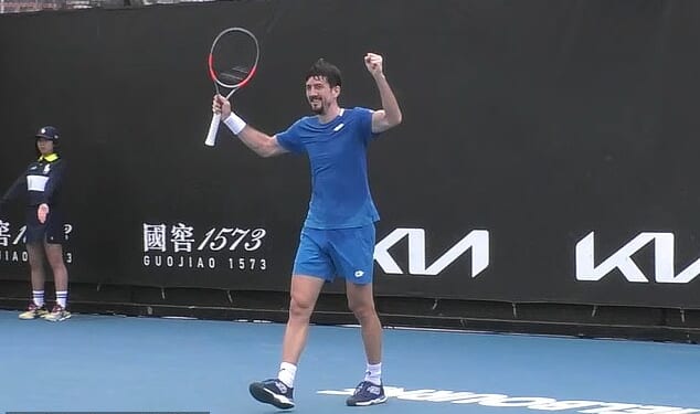 Sebastian Ofner (pictured) appeared to celebrate a premature victory during his Australian Open qualifying match against Nishesh Basavareddy before suffering defeat