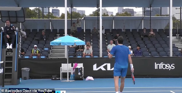 Ofner (right) walked to the net to shake Basavareddy's hand, but he was stopped by the chair umpire (left) who reminded him that final set tiebreaks are played over 10 points