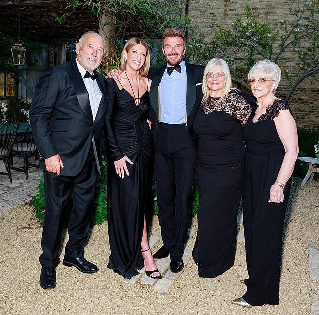 David Beckham at his 50th birthday party in the Cotswolds, with his parents, Ted and Sandra (far right)