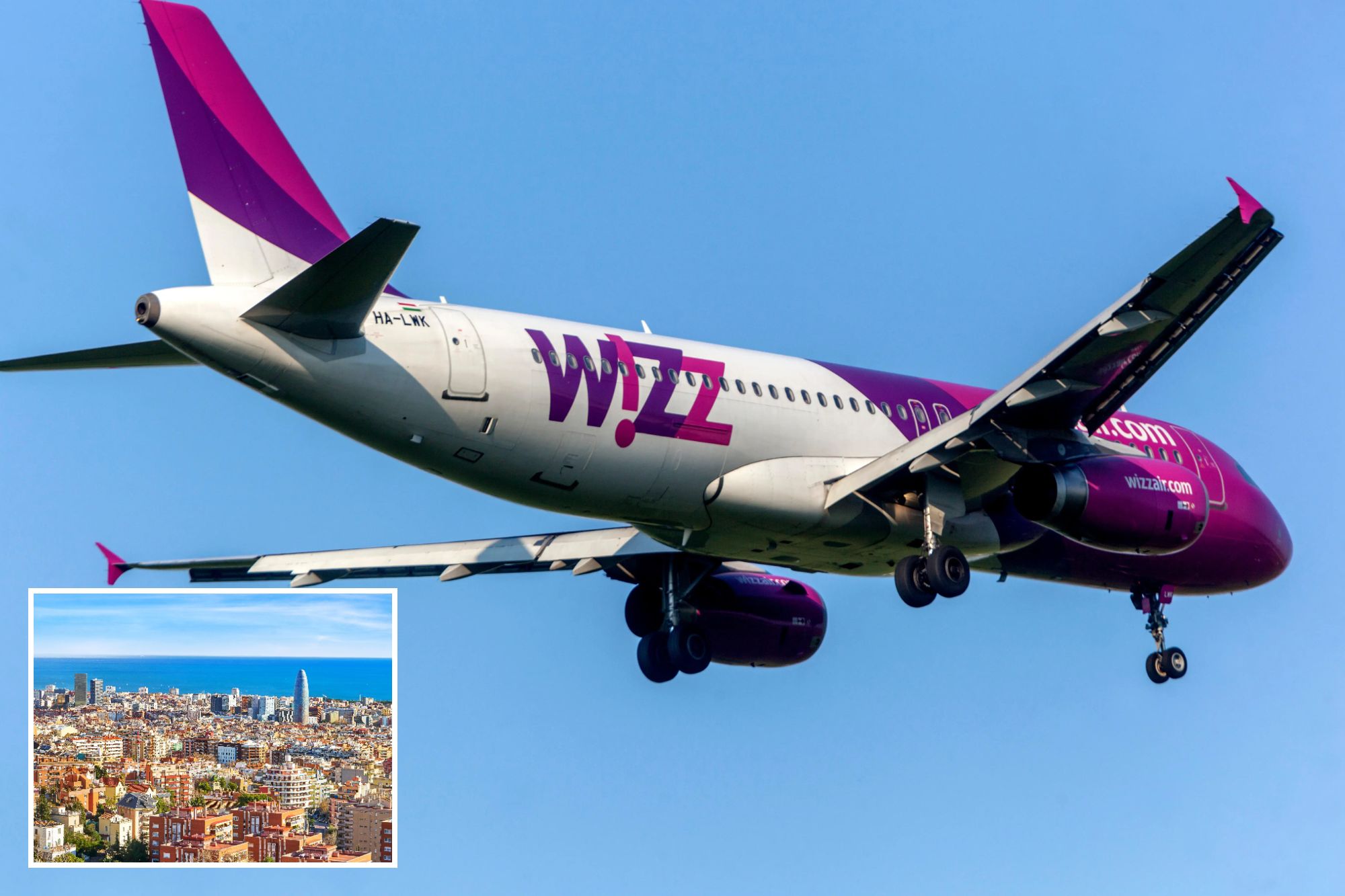 An image collage containing 2 images, Image 1 shows A white and magenta Wizz Air passenger plane in flight against a clear blue sky, Image 2 shows Aerial view of Barcelona, Spain, showing a dense city with the Mediterranean Sea and a prominent skyscraper in the background
