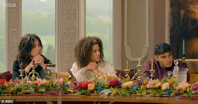 Fellow contestant Roxy (pictured centre) tried to intervene in Harriet's breakfast confrontation - with Harriet saying she felt 'awful' watching this back