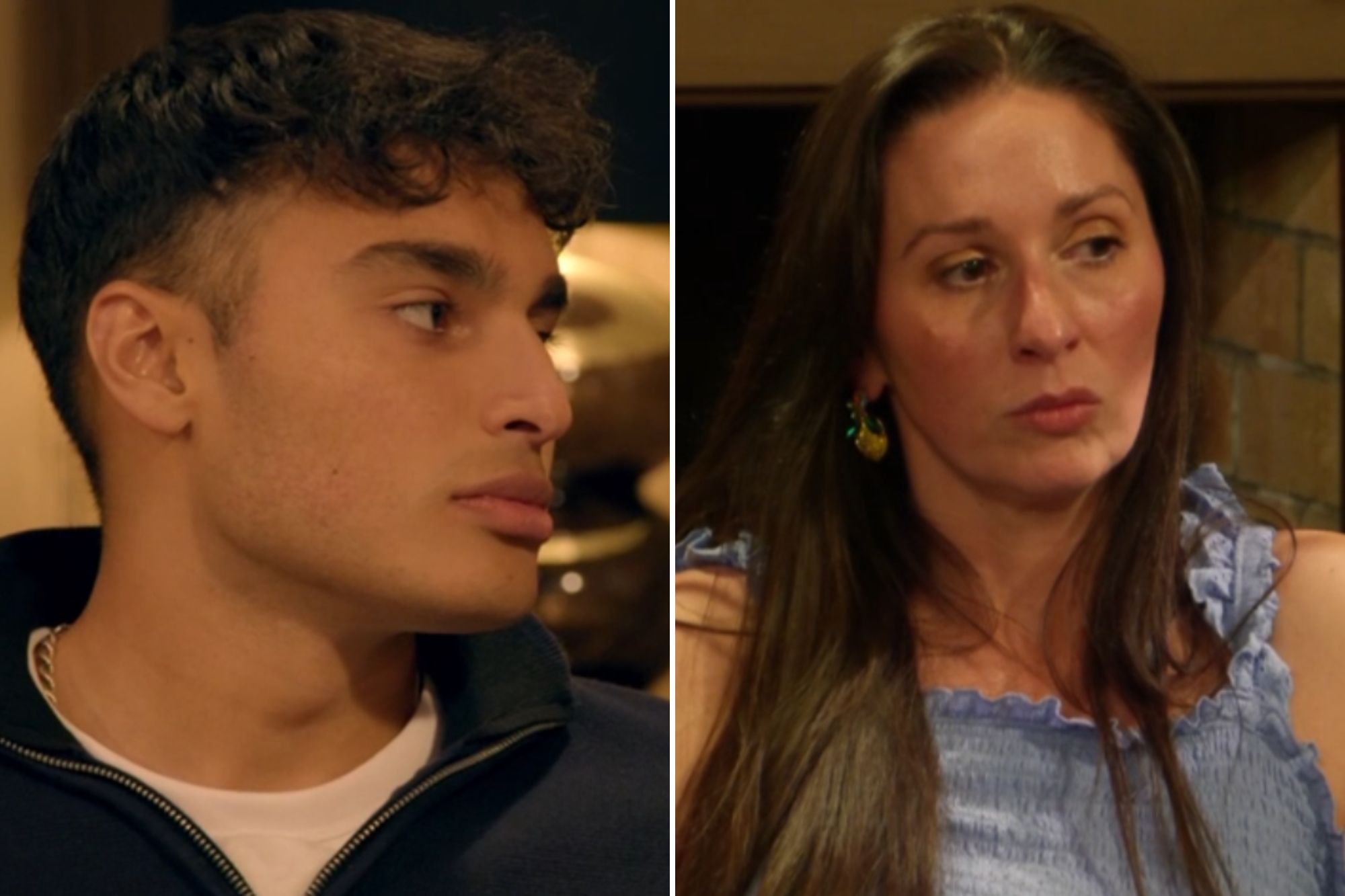 An image collage containing 2 images, Image 1 shows A young man with curly brown hair looks to the right with a serious expression, Image 2 shows A woman with long dark hair, wearing a light blue top, looks thoughtfully to the right