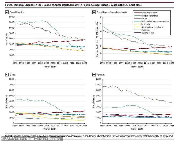 The above graphs show rates of cancer deaths among people under 50 from 1990 until 2023. The data shows deaths from all cancers except colorectal cancer have decreased in young Americans