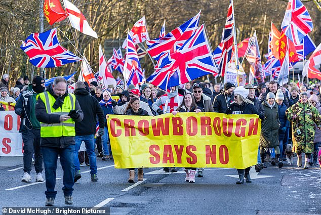 Over one thousand protestors against the asylum seekers camp at Crowborough in Sussex marched for the 9th Sunday in a row on January 4 2026