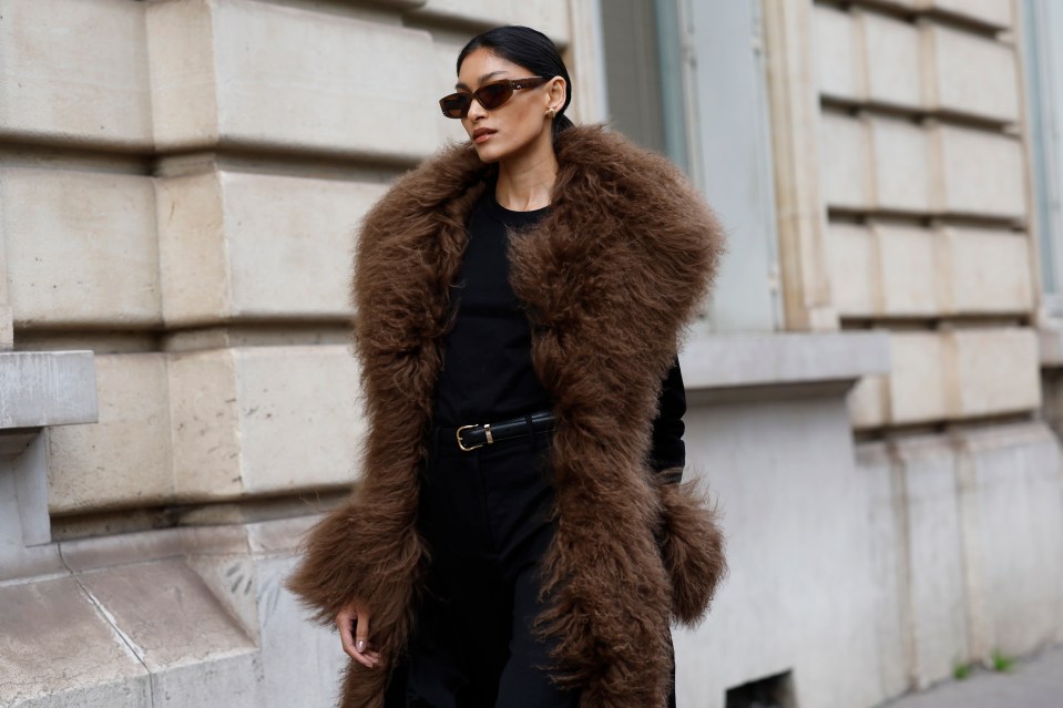 Pritika Swarup in a black top, trousers, and a brown fur coat.