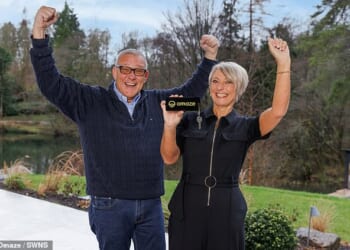 Nicola Dickinson, 59, pictured with husband Martyn became an instant multi-millionaire when she won a £4.5million mansion