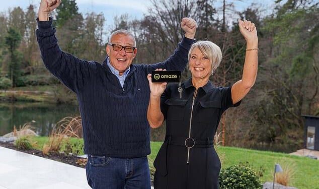 Nicola Dickinson, 59, pictured with husband Martyn became an instant multi-millionaire when she won a £4.5million mansion