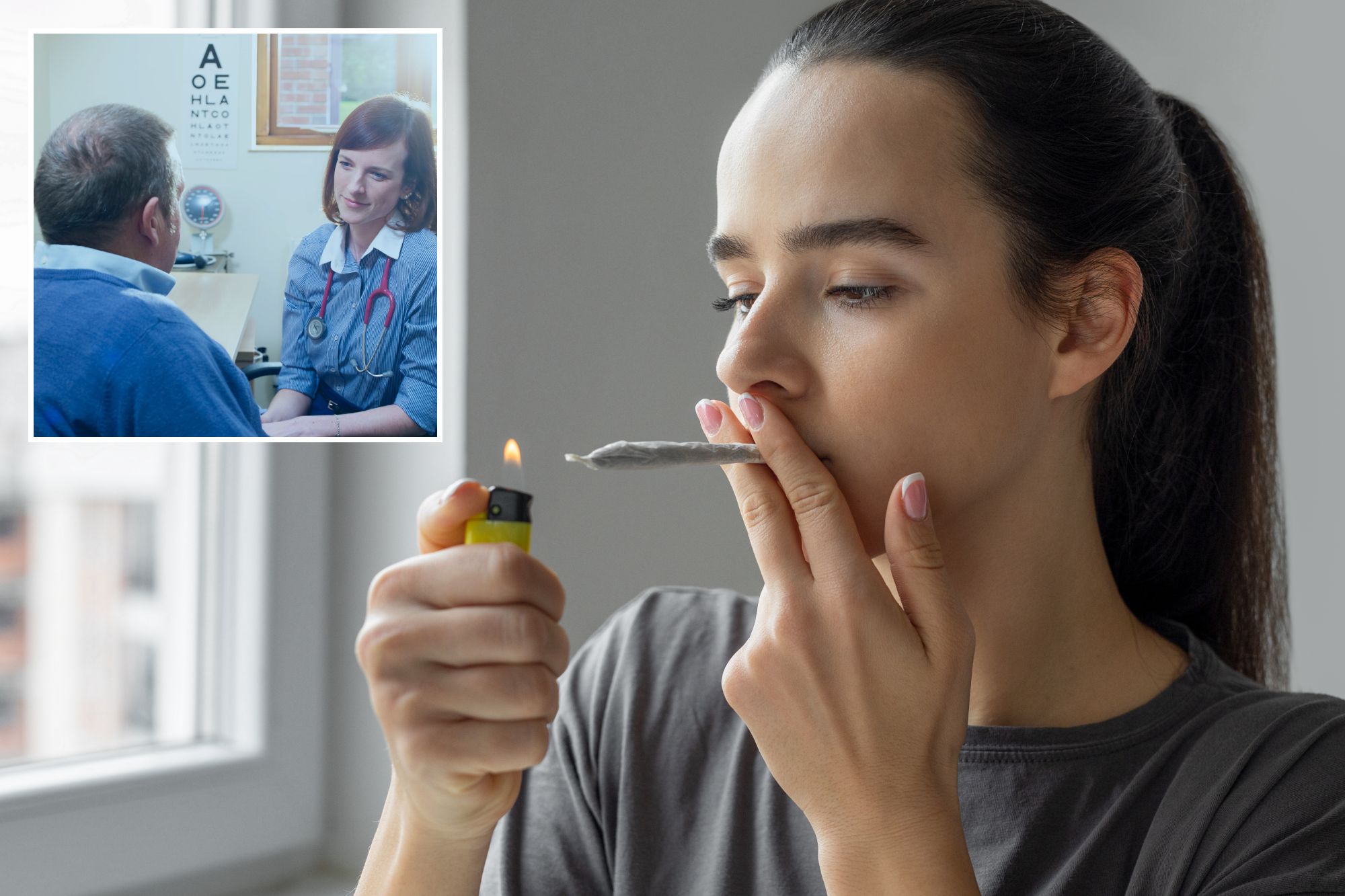 An image collage containing 2 images, Image 1 shows A woman lighting a marijuana joint, Image 2 shows GP conducting appointment with patient in surgery