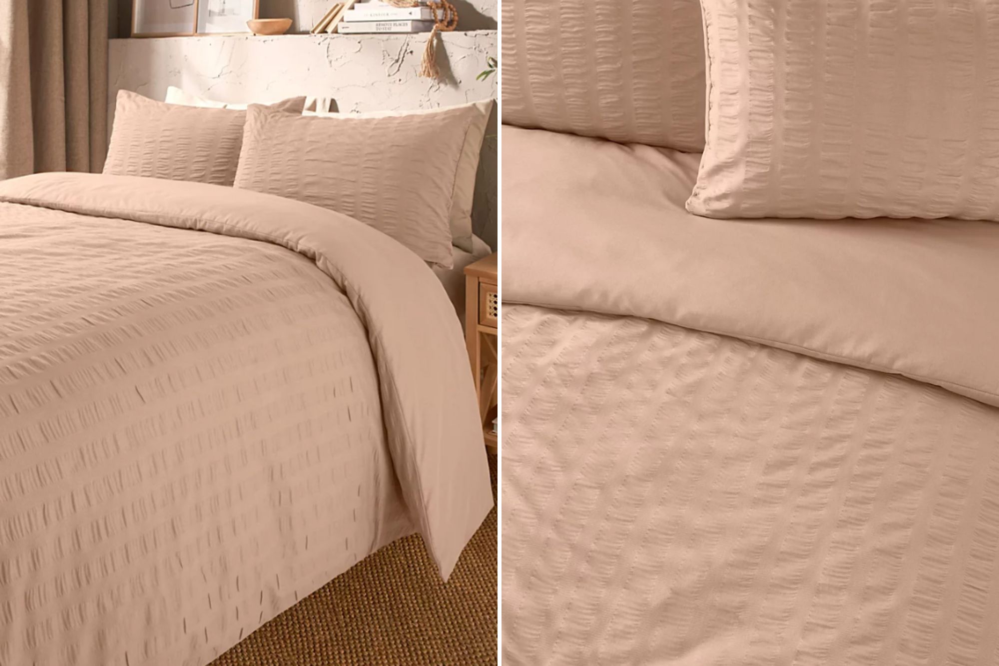 An image collage containing 2 images, Image 1 shows A bedroom featuring light pink bedding on a bed next to a window, Image 2 shows Close-up of peach-colored bedding with a subtle striped texture